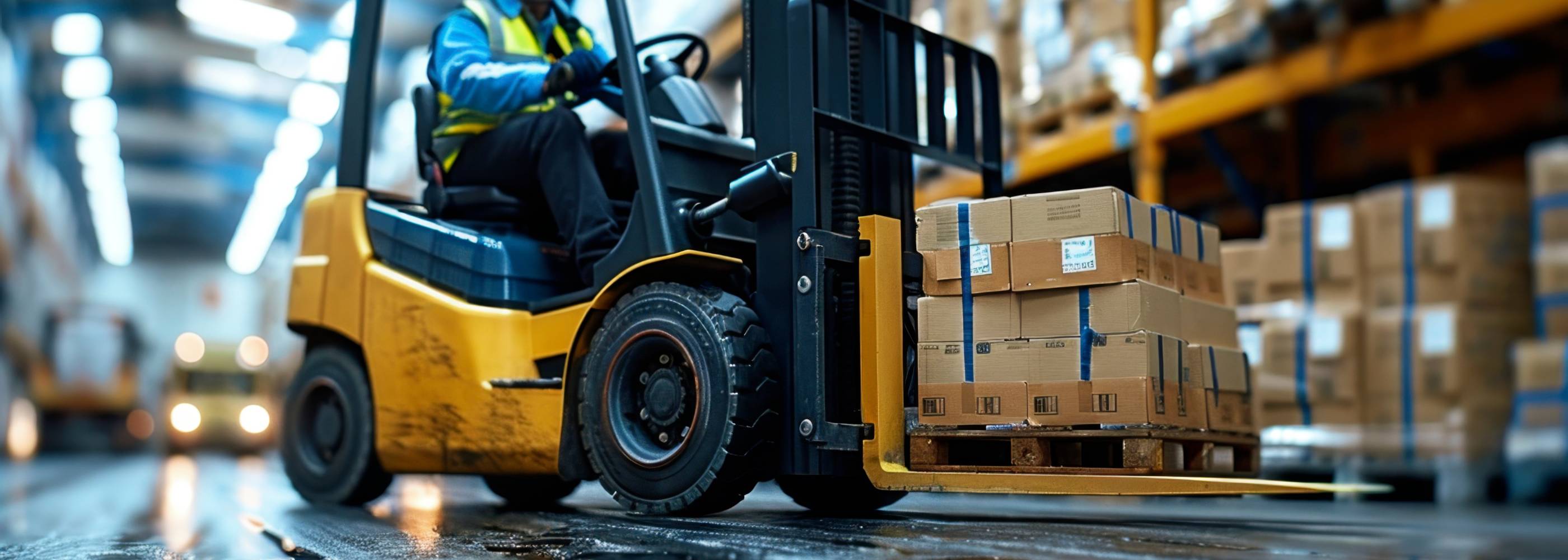 Forklift lifting boxes